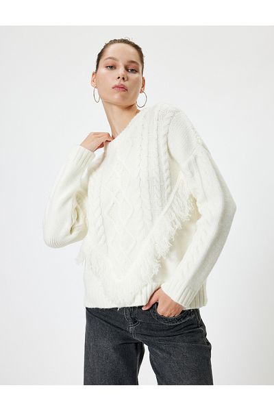 Koton Knitwear Sweater - Crew Neck, Hair Knit Texture, Tassel, Long Sleeve