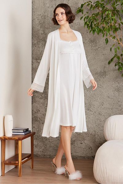 Pierre Cardin Combed Cotton Lace Women's Nightgown and Dressing Gown Set - 4005 Ecru