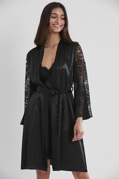 Pierre Cardin طقم ثوب نوم نسائي من الساتان الأسود مكون من قطعتين 4025