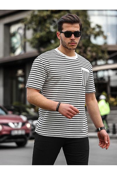 Valiberta Crew Neck Single Pocket Striped T-Shirt - Black