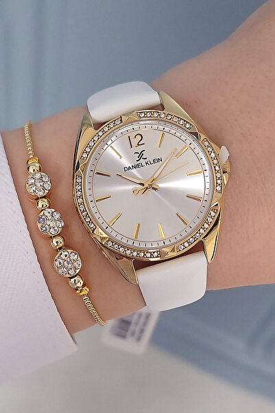 Daniel Klein Beyaz Deri Kayışlı taşlı Kadın Kol Saati