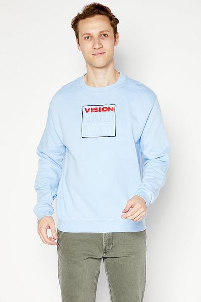 Vision Street Wear Men Crew Neck Long Sleeve Embroidered Logo Sweatshirt, Blue