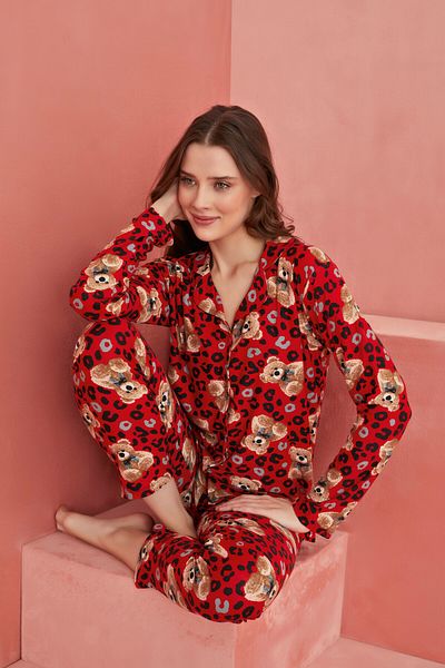 ELİTOL Red Bear Patterned Front Buttoned Suede Pajama Set