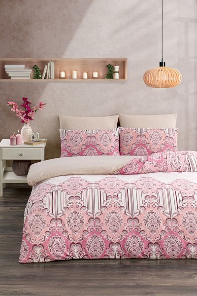 TABEA HOME Η σειρά Soft Dreams |   Σετ Παπλωματοθήκη με διπλό βαμβακερό σχέδιο ροζ |   Ελαστικό σεντόνι |