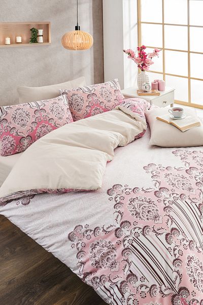 TABEA HOME Η σειρά Soft Dreams |   Σετ Παπλωματοθήκη με διπλό βαμβακερό σχέδιο ροζ |   Ελαστικό σεντόνι |