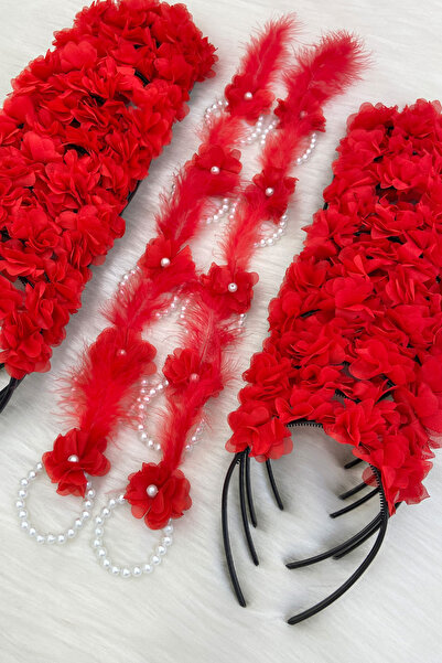 ZEYMERADE Kırmızı Nedime Bilekliği 5 Adet, Nedime Tacı(Plastik) 5 Adet, Bekar...