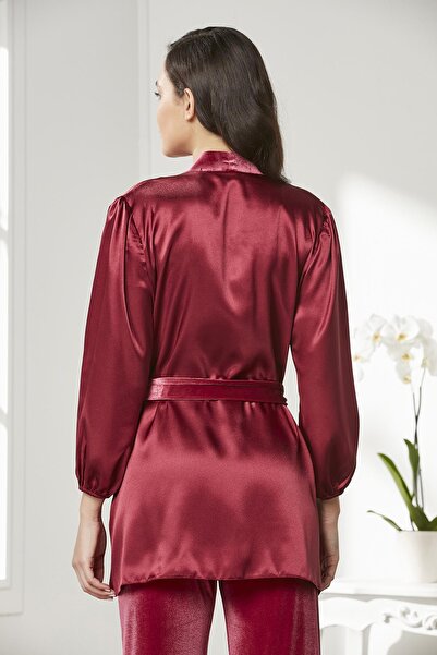 Pierre Cardin Kadife Saten 3'lü Kadın Pijama Takımı - 2050 Bordo