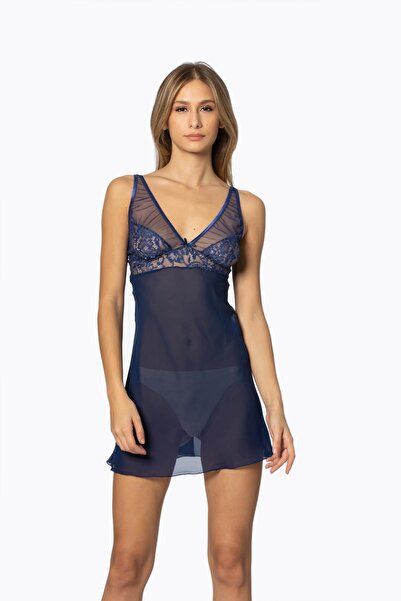 Pierre Cardin Şifon Dantelli Kadın Gecelik - 629 Lacivert
