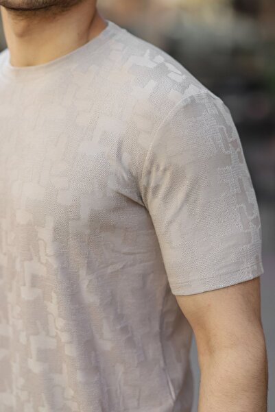 Valiberta Jacquard Patterned Crew Neck T-shirt - Beige