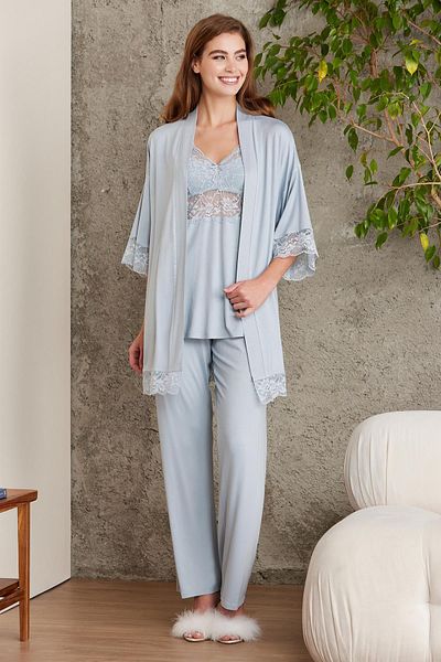 Pierre Cardin Lacy Combed Cotton 3-Piece Maternity Pajama Set - 2810 Mist
