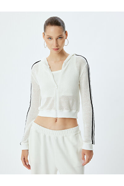 Koton Openwork Zippered Hooded Crop Sweatshirt - Stripe Detailed