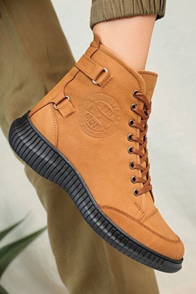 Deri Diyarı Hakiki Deri Camel Nubuk Fermuarlı Günlük Bağcıklı Kısa Kadın Bot / Bootie