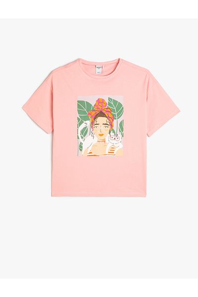Koton Cat Printed Cotton Short Sleeve T-Shirt - Crew Neck