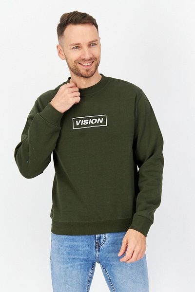 Vision Street Wear Men Crew Neck Embroidered Logo Long Sleeve Sweatshirt, Dark Olive