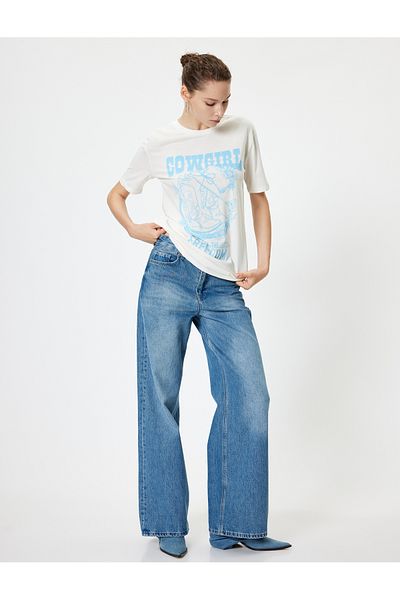 Koton Cotton Oversize T-Shirt - Slogan Print, Crew Neck, Short Sleeve
