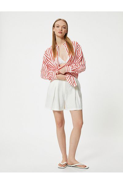 Koton Mini pantaloni scurți în amestec de in - talie standard plisată cu nasturi și buzunare