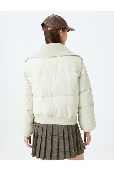 Koton Stand Collar Ribbed Zippered Puffer Jacket with Snap Button Pockets
