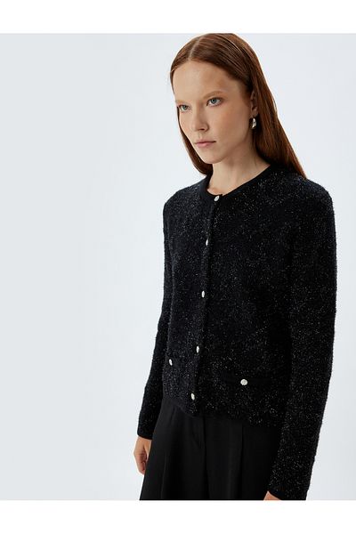 Koton Long Sleeve Round Neck Buttoned Pocket Plush Cardigan