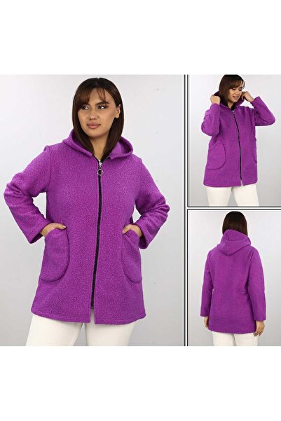 NUR TEKSTİL kadın mor önden fermuarlı kapşonlu  cepli   italyan buklet  boy u...