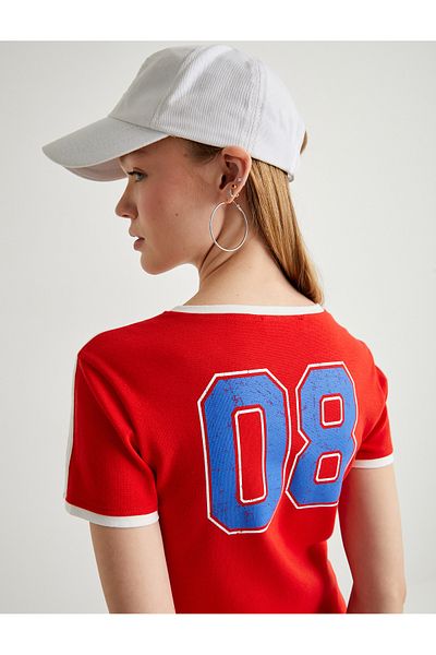 Koton Vintage Striped Jersey T-Shirt - Number Printed on the Back, Short Sleeve, Crew Neck