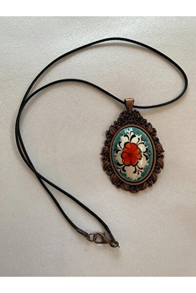 HEDİYEM EVİME İznik Çini Kolye Turuncu Çiçekli Model El Boyaması Deri İpli 3