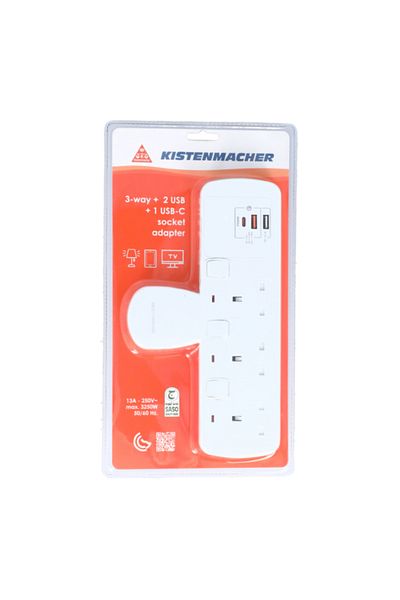 Kistenmacher 3250W 3-Way 2 x USB 1 x USB-C Multi-Outlet Socket Adapter