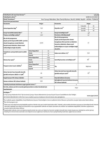 Uğur UCM 31214 B101 12 Kg 1350 Devir Beyaz Çamaşır Makinesi