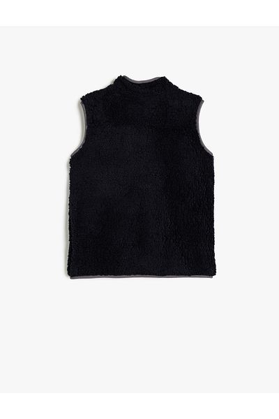 Koton Plush Vest with Stand Collar and Pockets - Zippered Closure