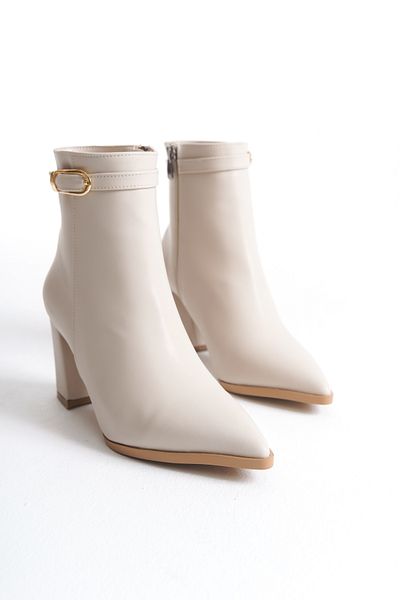 Shoesers Γυναικείες αγκράφες ειδικής σχεδίασης Λεπτομερείς μπότες με φερμουάρ με μυτερό τακούνι σε μπεζ χρώμα