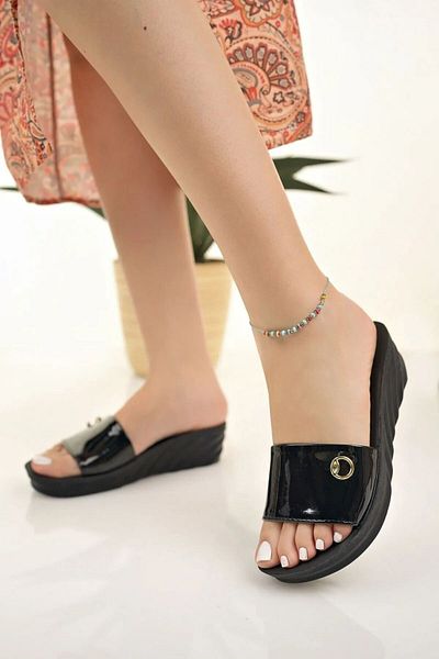 Modafırsat Women's Wedge Heel Slippers Black High Sole Wedding Engagement Graduation Office Work Daily Slippers