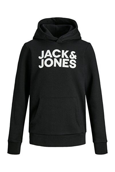 Jack & Jones سويت شيرت أسود للأطفال من Noos - شعار كورب، بغطاء للرأس (12.