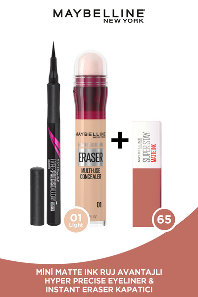 Maybelline New York Instant Anti Age Eraser Kapatıcı 01 Light+Hyper Precise Eyeliner 701+Mini Likit Mat Ruj 65 Seductres