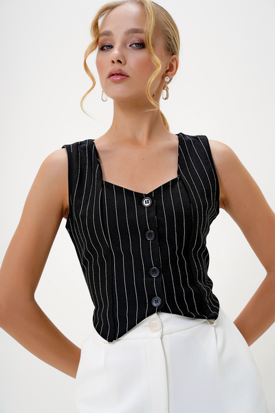 Trend Alaçatı Stili Women's Black Heart Collar Buttoned Striped Vest ALC-X10151