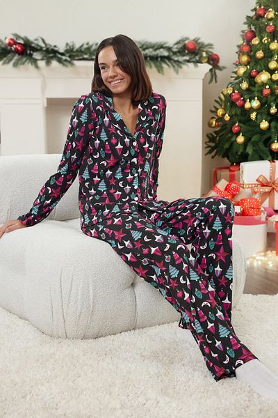 Trendyol Collection Set pijamale tricotate negre cu tema de Anul Nou - 100% bumbac THMAW24PT00054