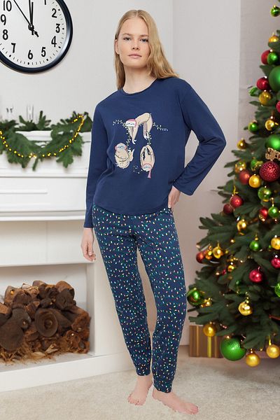 Trendyol Collection Nachtwäscheset aus Strick mit Noiva-Motiv, Marineblau – 100 % Baumwolle, Thmaw25pt00116