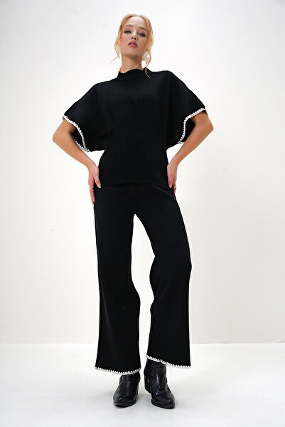 Trend Alaçatı Stili Schwarzes Set aus kurzärmliger Bluse mit Rollkragen und Palazzo-Hose – ALC-X13028