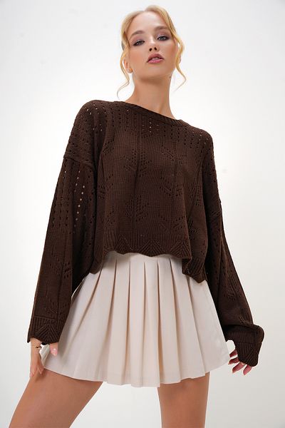 Trend Alaçatı Stili Women's Brown Crew Neck Verek Patterned Crop Knitwear Sweater Alc-X13133