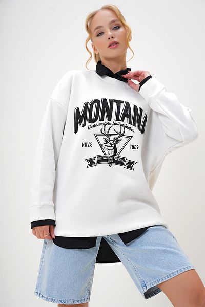 Trend Alaçatı Stili Ecrufarbenes College-Sweatshirt mit Rundhalsausschnitt und Textdruck für Damen mit drei Fäden und Fleece-Innenseite ALC-X7442