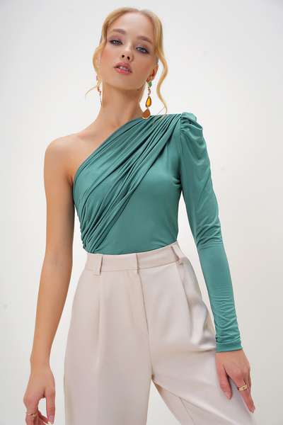 Trend Alaçatı Stili Green One Shoulder Draped Blouse - Sandy Snap, Princess Sleeve Alc-X13102