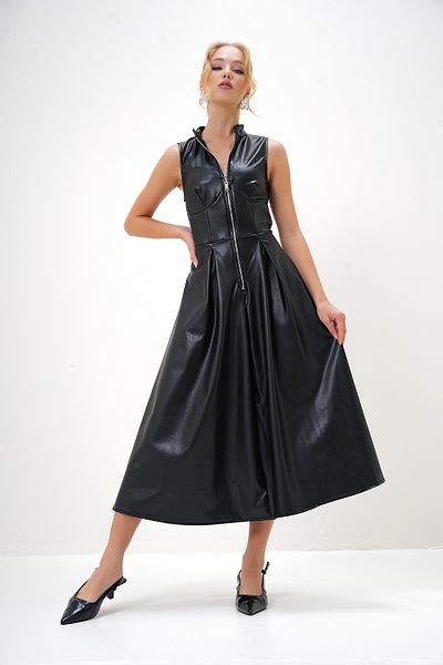 Trend Alaçatı Stili Schwarzes Damenkleid mit Stehkragen, ärmellos, Reißverschluss vorne, Kunstleder, ALC-X13129