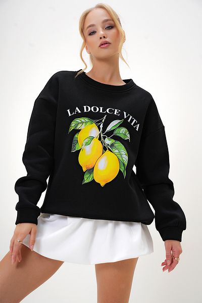 Trend Alaçatı Stili Black Crew Neck Printed Sweatshirt - Alc-X13115