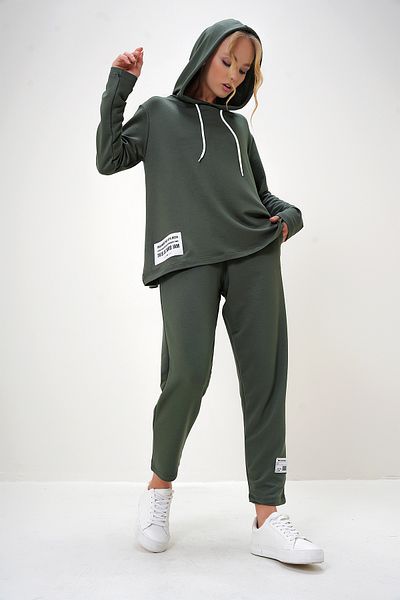 Trend Alaçatı Stili Damen Grün Crest Detaillierte Kapuze Zwei Garn Trainingsanzug Anzug ALC-X13018