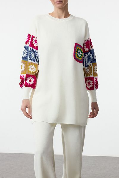 Edit by Trendyol Λευκό Sle Χρώμα Ethnic Print Πλεκτά Πουλόβερ Παντελόνι Κάτω Σετ TEDAW25US00020