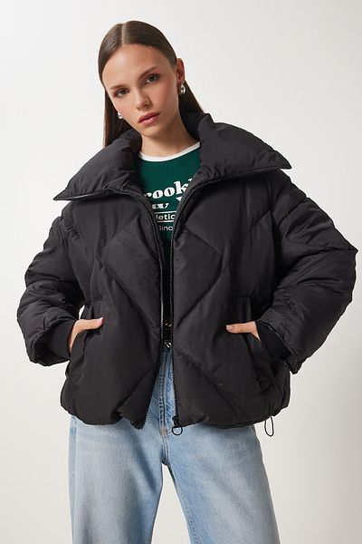 Happiness İstanbul Schwarze, übergroße Pufferjacke für Damen RV00006