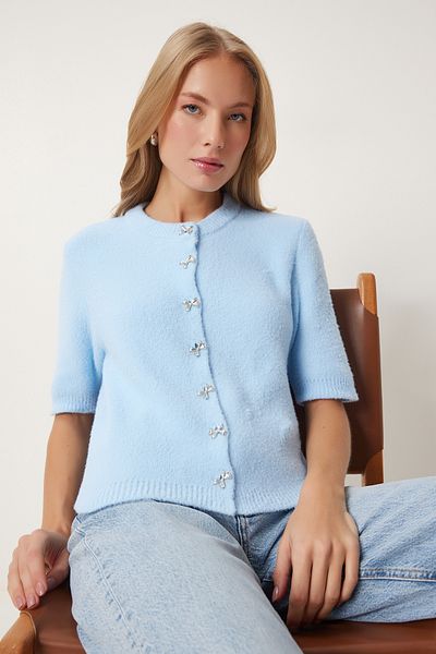 Happiness İstanbul Damen-Strickjacke in Himmelblau mit stilvoller Schleife und Knöpfen, bärtig, DP00219