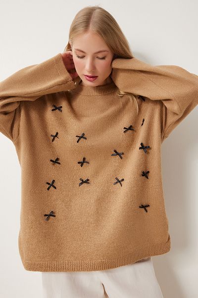 Happiness İstanbul Women's Biscuit Bow Detailed Oversize Knitwear Sweater Kb00042