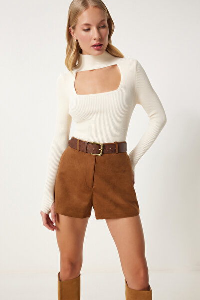 Happiness İstanbul Women's Cream Cut Out Detailed High Collar Ribbed Knitwear Sweater FN03165