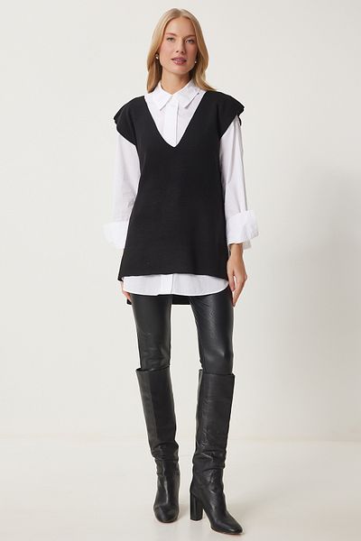 Happiness İstanbul Pulover negru de damă, cu decolteu în V, lung, tricotat, cu curea US00185