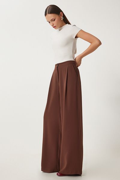 Happiness İstanbul Braune, gewebte Palazzo-Hose mit Taschen für Damen UL00052