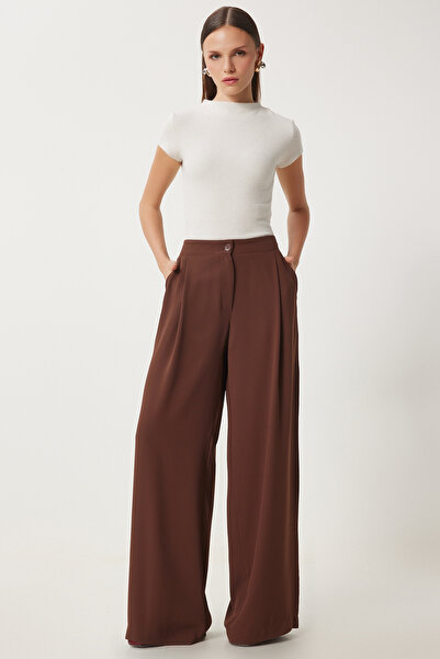 Happiness İstanbul Women's Brown Pocketed Woven Palazzo Trousers Ul00052